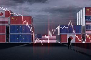Illustration conceptuelle montrant des conteneurs d'expédition empilés peints avec les drapeaux américain, chinois, de l'Union européenne, canadien et mexicain, symbolisant le commerce et l'industrie d'exportation/importation, superposés par un homme regardant un graphique financier.