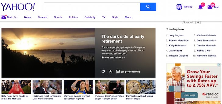 Samouraï financier sur la page d'accueil de Yahoo