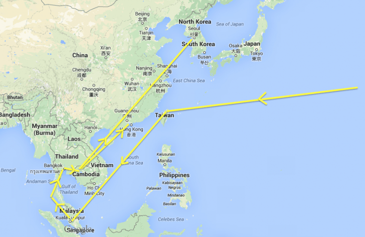 carte de l'itinéraire en Asie - coût du voyage en Asie