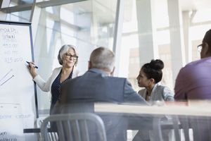 Femme d'affaires au tableau blanc menant une réunion dans la salle de conférence